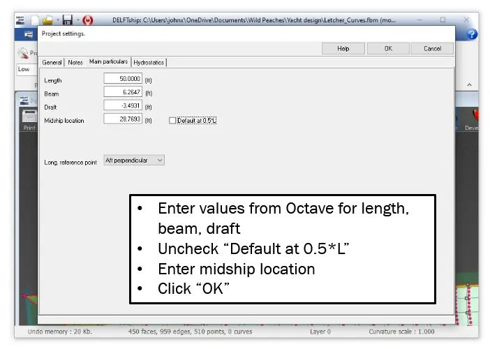 Length, Beam, Draft, Midship location