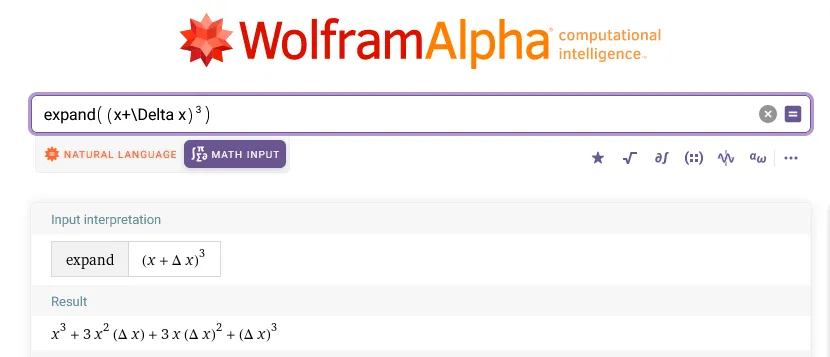 Wolfram Alpha output showing the expansion of (x + Δx)³ into x³ + 3x²Δx + 3xΔx² + Δx³.